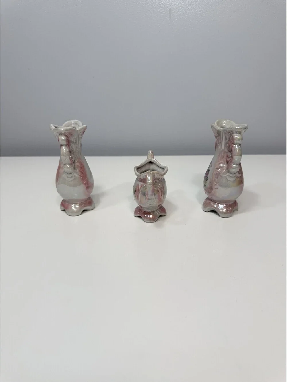 VTG Lusterware Floral Bud Vases Iridescent Pink Finish, Footed Handles Set Of 3